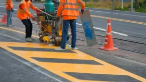 Road workers use a thermoplastic marking machine to paint yellow lines on the road