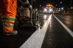 A worker applying reflective road line paint on a roadway at night.