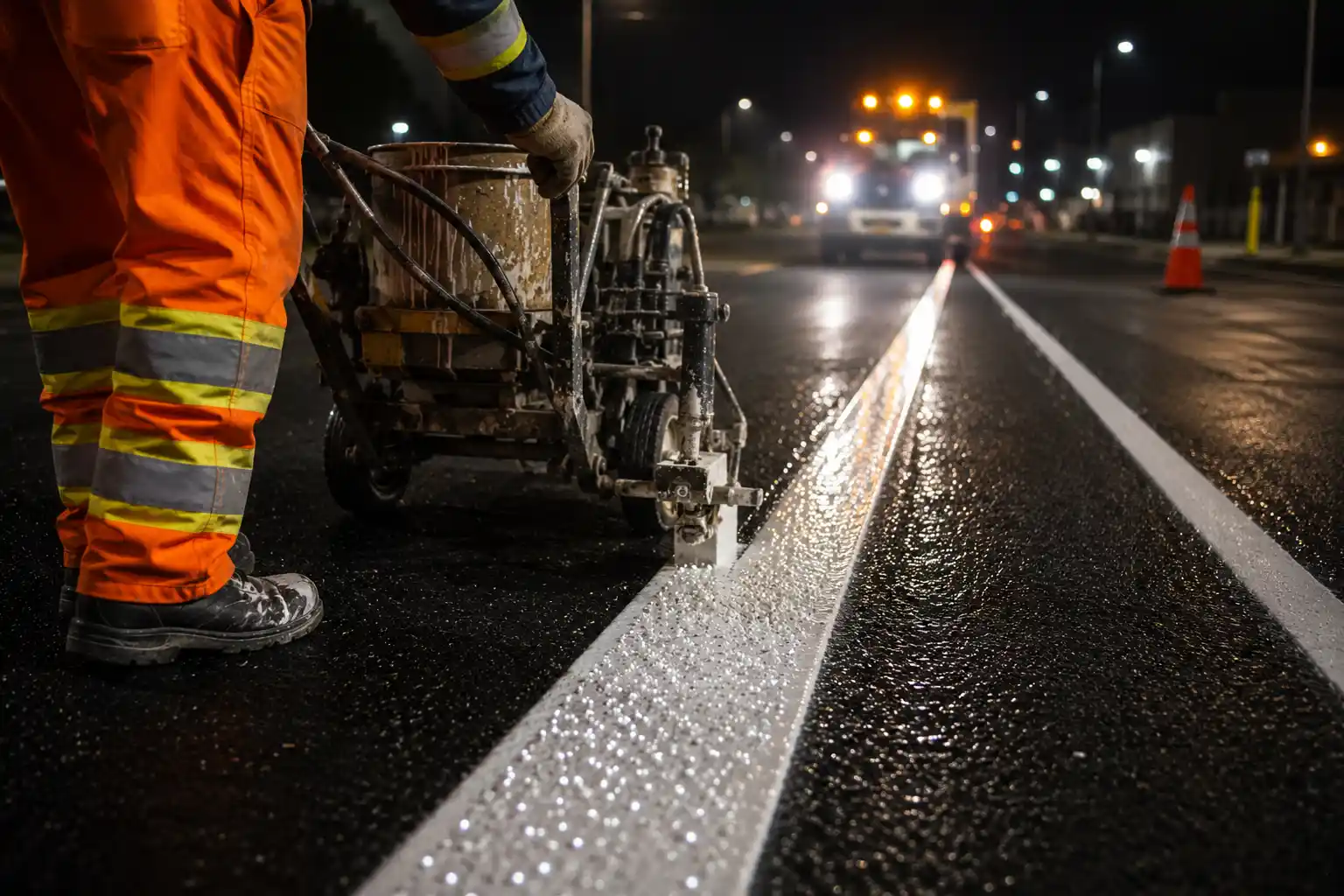 A worker applying reflective road line paint on a roadway at night.