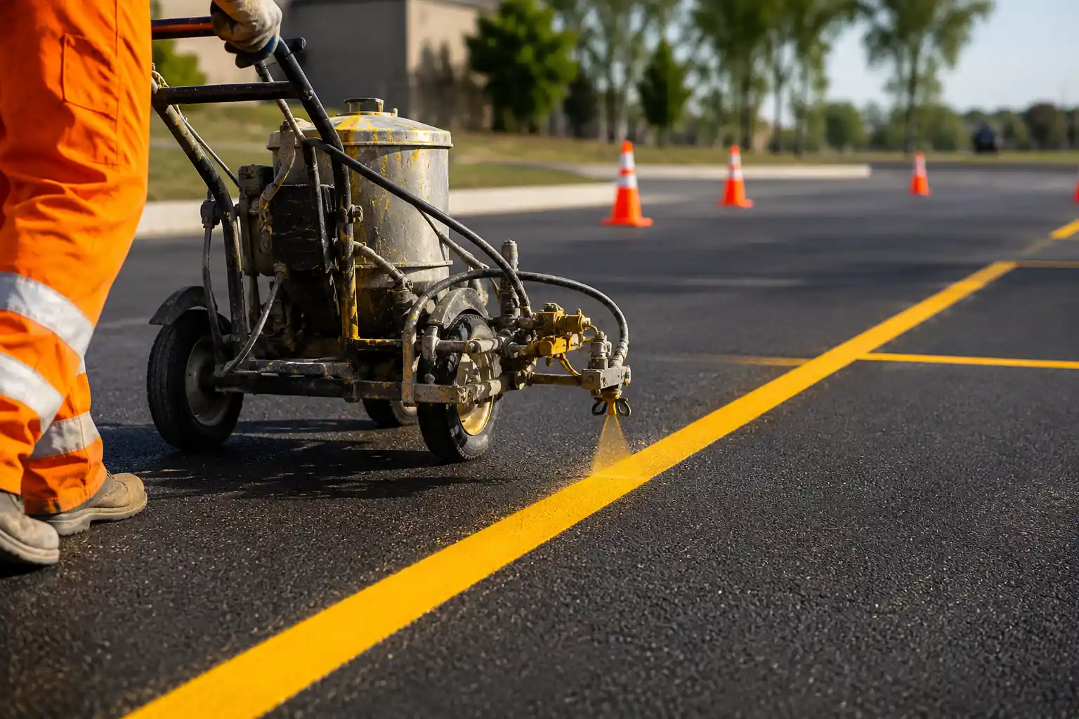 A worker applying yellow pavement lines to an asphalt parking lot using a professional line-striping machine.
