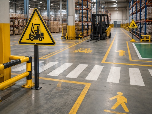 Forklift warning sign near marked warehouse lanes.