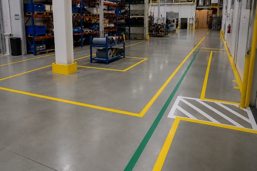 Organized warehouse floor with colour-coded floor markings.