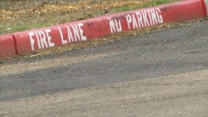Red curb marked “Fire Lane No Parking.”