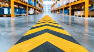 Yellow and black warehouse floor markings.