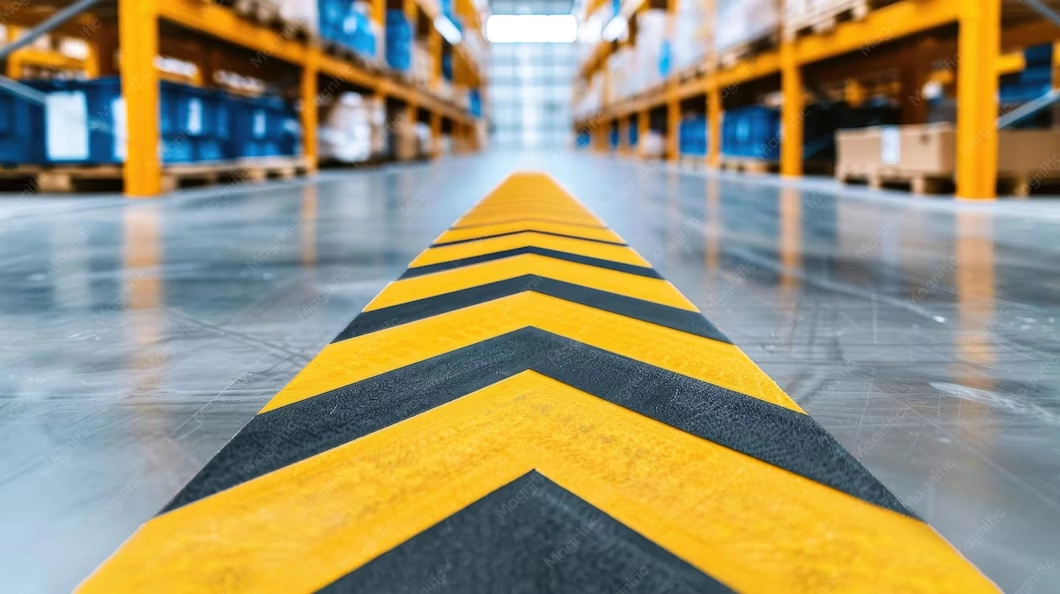 Yellow and black warehouse floor markings.