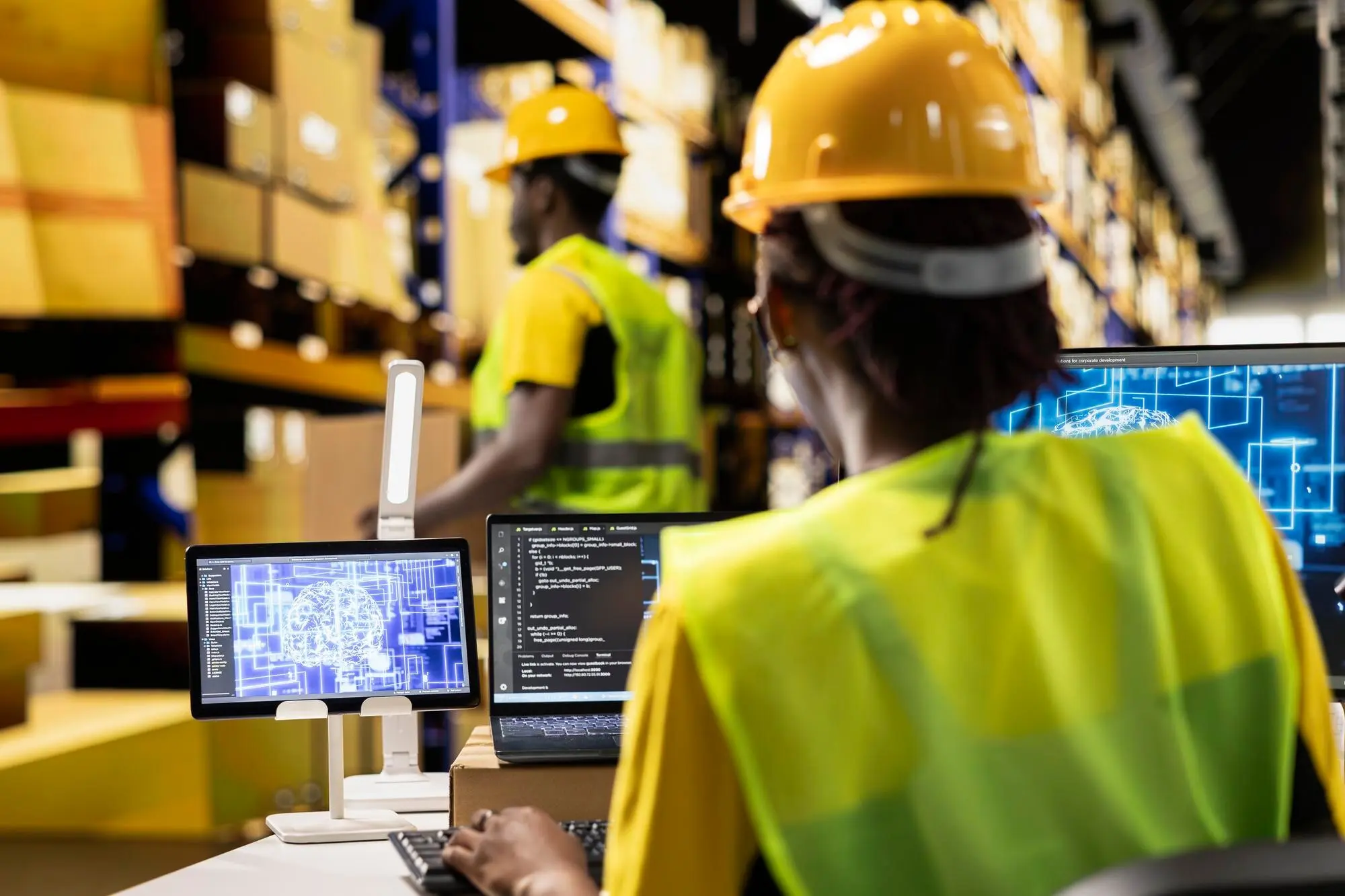 Worker reviewing a warehouse traffic plan.