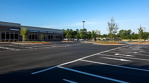 Freshly painted parking lot lines and arrows.