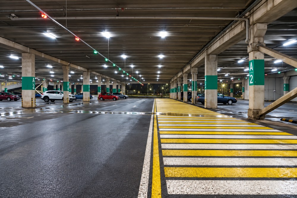 Parking garage pedestrian crossing.