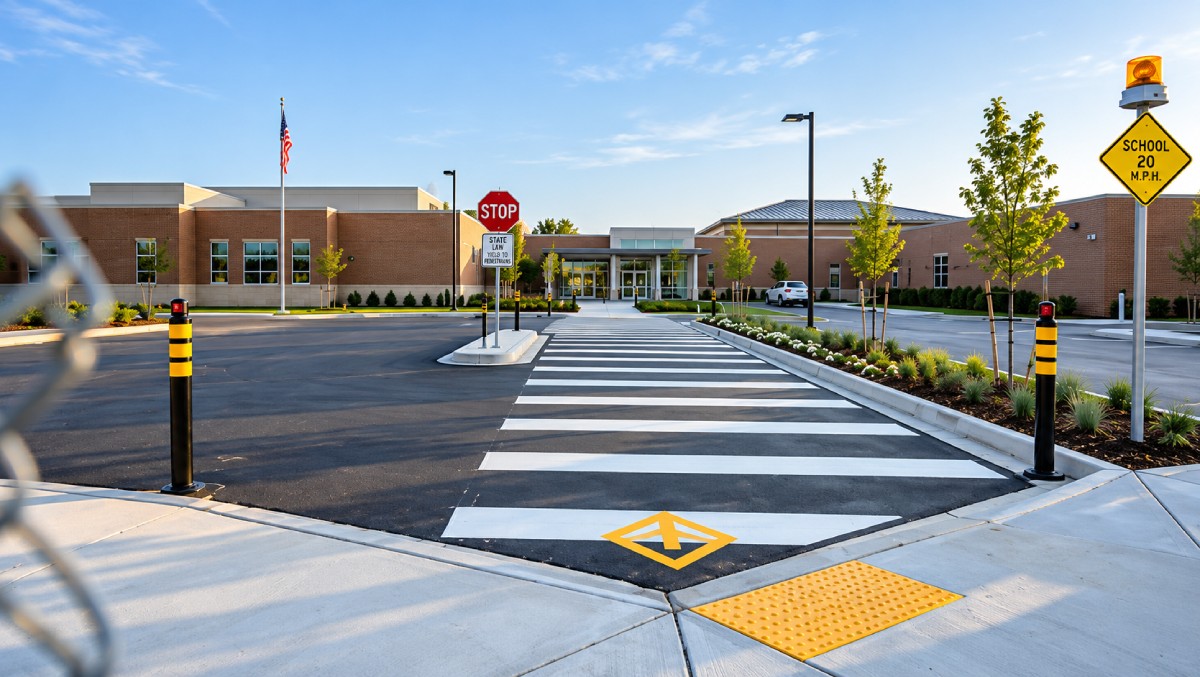 School crosswalk with safety markings.