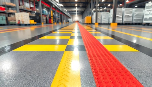 Warehouse floor with yellow safety markings and red pedestrian lane.